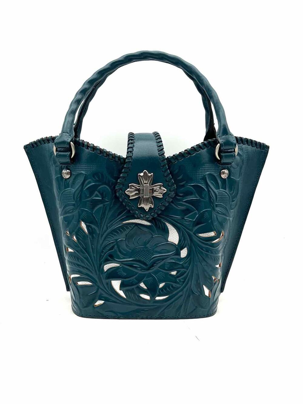 Patricia Nash Cerulean/Silver Turn-Lock Inlay Leather Designer Shoulder Bag
